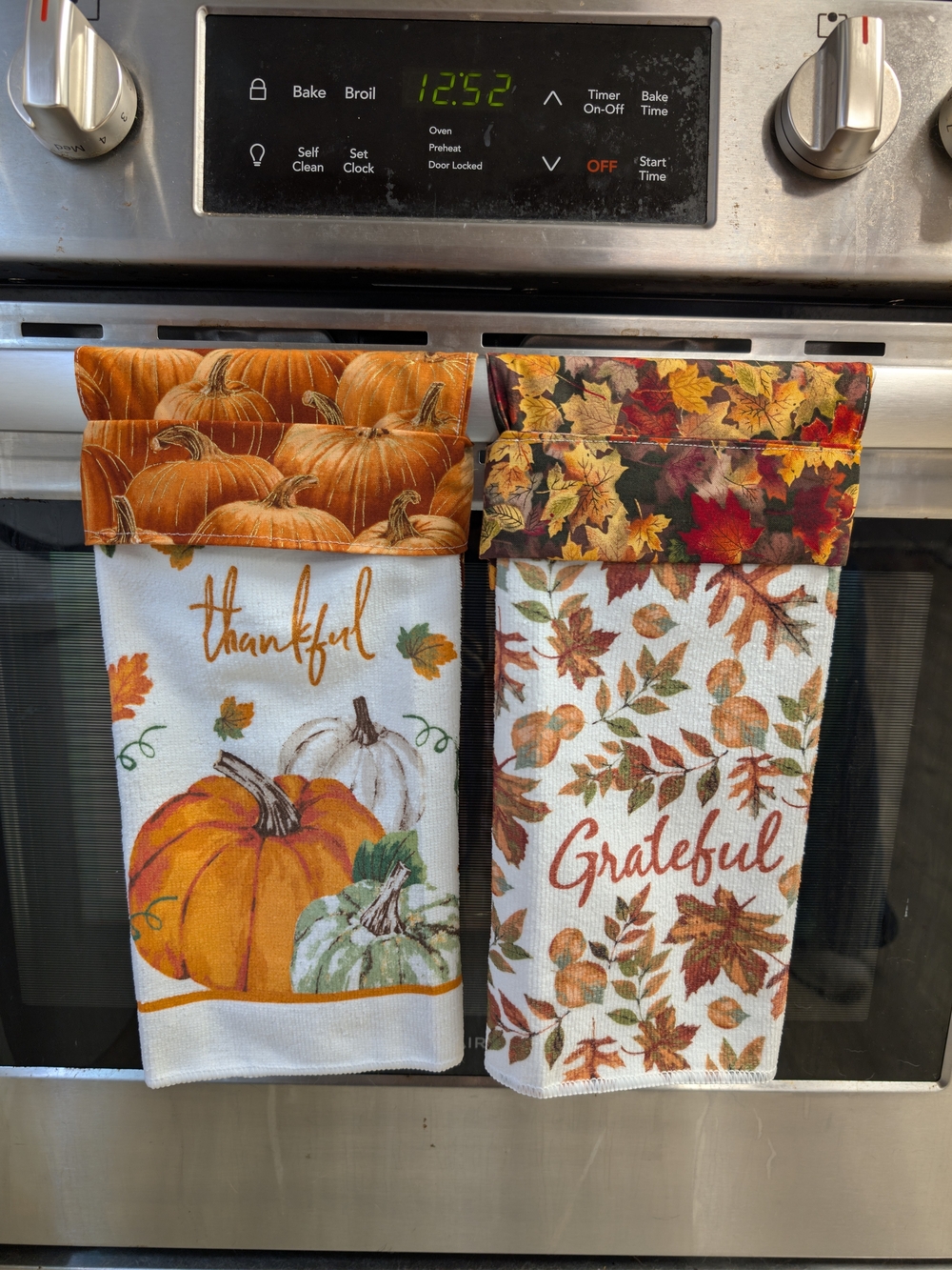 Autumn Pumpkin & Leaf Hanging Kitchen Towels - Orange, Brown, Cream